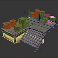 Wooden Cargo Platform With Wooden Crates Coiled Ropes Staircase and Sacks