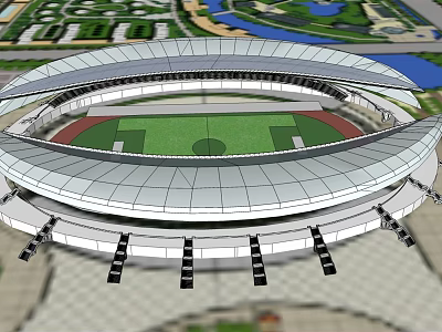 Modern Stadium Structure Featuring Circular Roof Green Football Field And Running Track 3d model