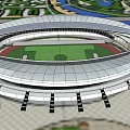 Modern Stadium Structure Featuring Circular Roof Green Football Field And Running Track