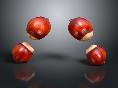 Four Shiny Brown Chestnuts Floating On Black Background With Reflections 3d model