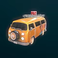 Orange Vintage Van With Roof Rack Red Box Surfboard And Palm Tree Decals