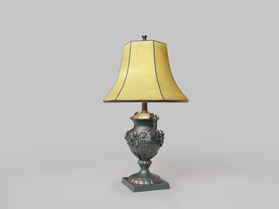 Elegant Vintage Table Lamp With Yellow Fabric Lampshade And Ornate Carved Base 3d model