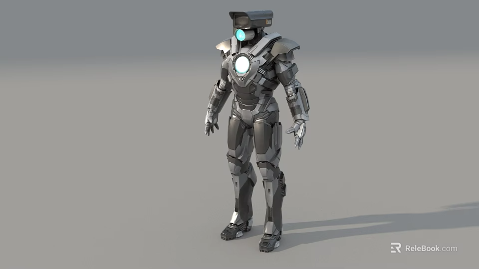 Game and Movie Robot Character with Metallic Armor Glowing Blue Eyes Chest Core 3d model 