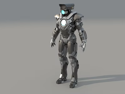Game and Movie Robot Character with Metallic Armor Glowing Blue Eyes Chest Core 3d model