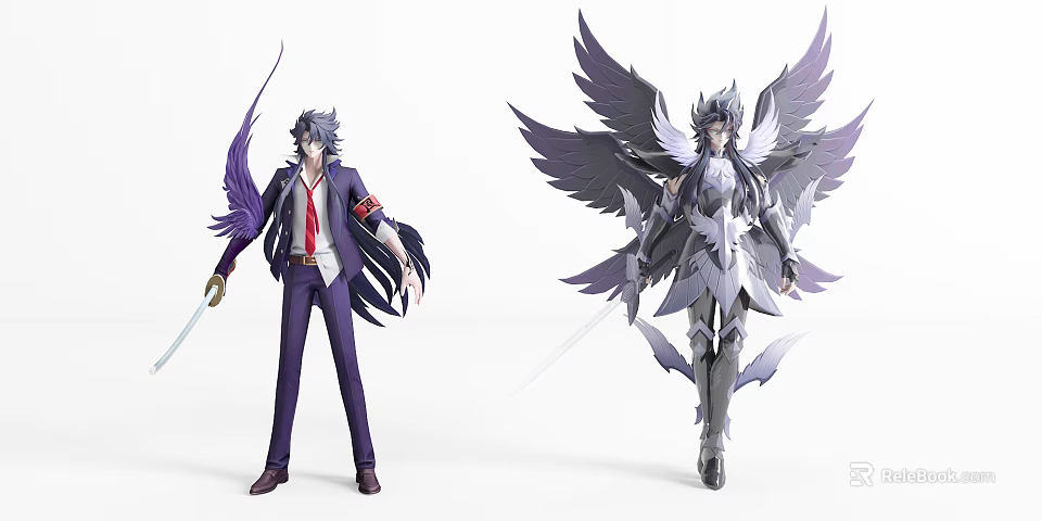 Detailed Game and Movie Characters With Purple Wings Silver Armor and Swords 3d model 