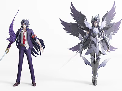 Detailed Game and Movie Characters With Purple Wings Silver Armor and Swords 3d model