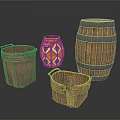 Wicker Baskets Ceramic Jar With Geometric Patterns And Striped Wooden Barrel Household Essentials