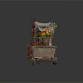 Vintage Flower Cart Decorated With Colorful Flowers Fruits And Green Vines On Wooden Wheels