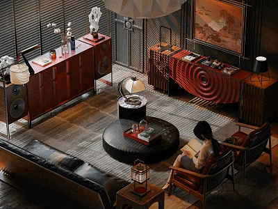 Modern Living Room Interior With Dark Sofa Round Coffee Table And Red Console Cabinet 3d model