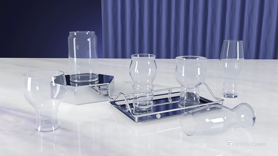 Clear Wine Bottles and Glasses on White Table with Blue Curtains and Metal Tray 3d model 