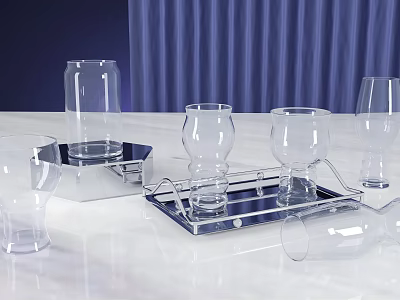 Clear Wine Bottles and Glasses on White Table with Blue Curtains and Metal Tray 3d model
