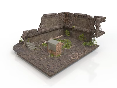 Modern Ruin Scene With Stone Walls Green Plants Slate Floor And Steps 3d model