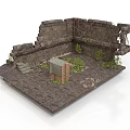 Modern Ruin Scene With Stone Walls Green Plants Slate Floor And Steps