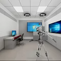 Public Office Space With Large Screen Windows Logo Video Camera Tripod And Work Desk 3d model