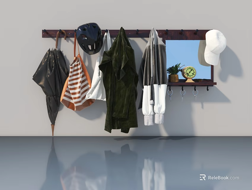 Hinged Door With Wall Mounted Hook Rack Hanging Hats Coats Umbrella And Mirror Plant 3d model 