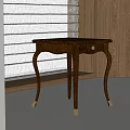 Wooden Side Table with Curved Legs and Gold Casters in Interior with Window Blinds