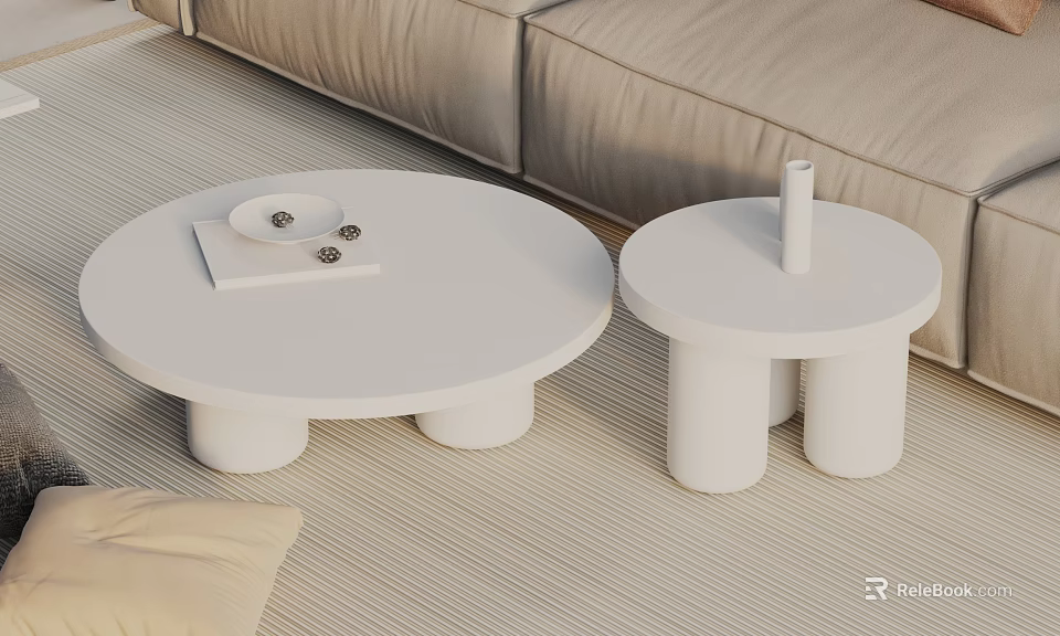 Two White Round Coffee Tables in Living Room With Tray Items and Vase Near Sofa 3d model 