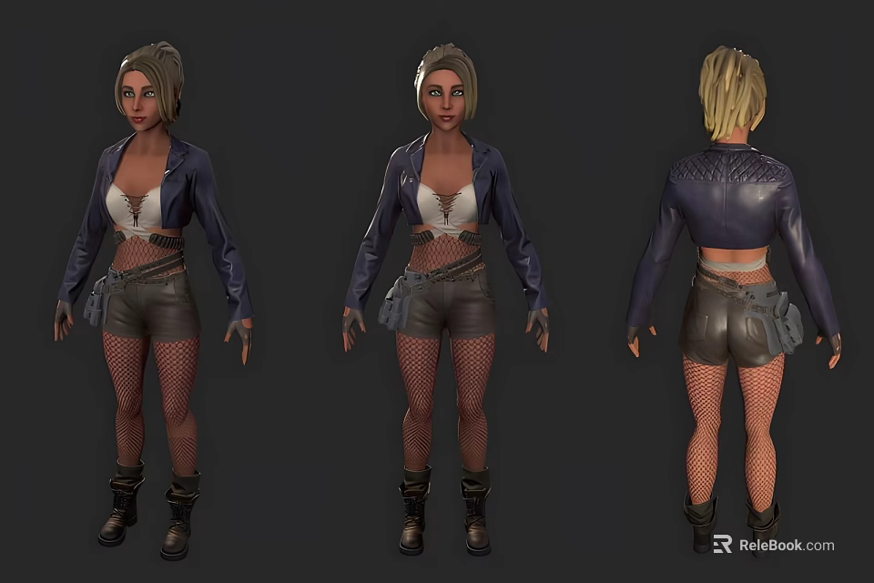 Woman With Blonde Hair Purple Jacket White Top Leather Shorts Fishnet Stockings Boots Three Views 3d model 