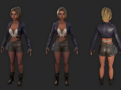 Woman With Blonde Hair Purple Jacket White Top Leather Shorts Fishnet Stockings Boots Three Views 3d model