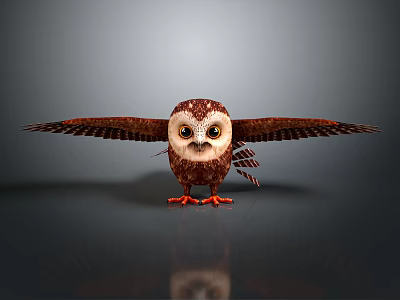 Cute Flying Owl With Spread Wings Standing On Smooth Surface Gray Background 3D Render 3d model