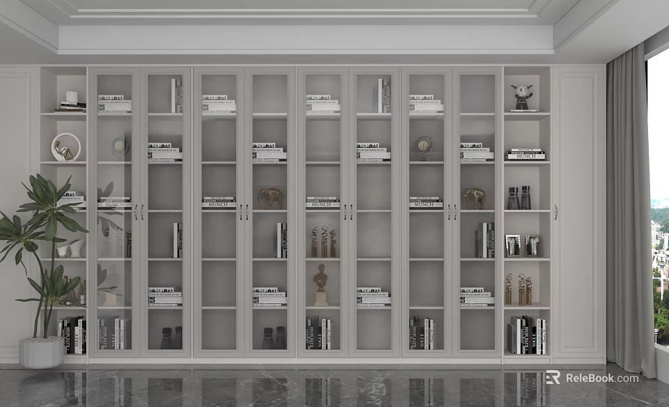 Modern Light Gray Shelving Unit With Glass Doors And Organized Decorative Books Items 3d model 