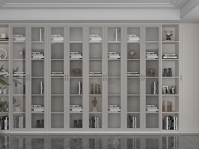 Modern Light Gray Shelving Unit With Glass Doors And Organized Decorative Books Items 3d model