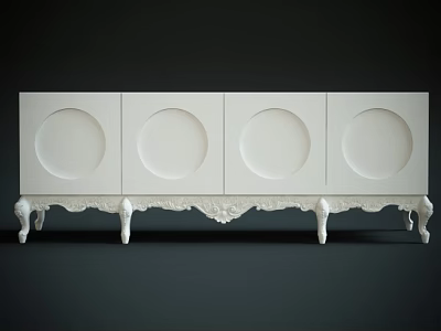 White Entryway Console Cabinet With Four Circular Panel Doors And Ornate Carved Legs 3d model