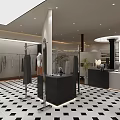 Modern Clothing Store Interior with Open Layout Black and White Checkered Floor Wooden Racks and Mannequins