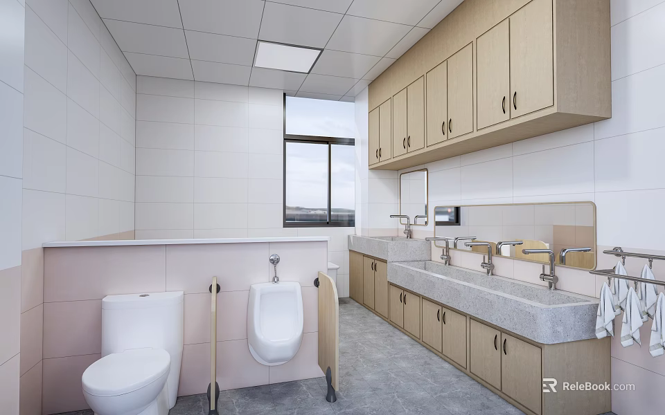 Modern Public Restroom Interior With Toilet Urinal Sink Cabinets And Grab Bars 3d model 