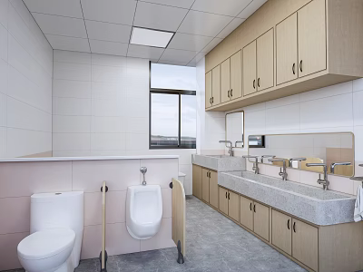 Modern Public Restroom Interior With Toilet Urinal Sink Cabinets And Grab Bars 3d model