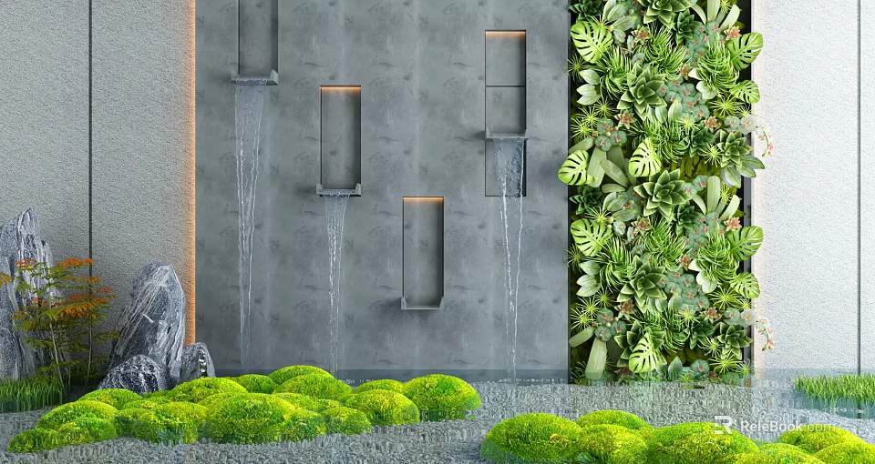 Modern Garden Decor Accent With Water Wall Living Green Wall Small Plants And Stone 3d model 