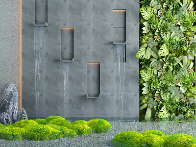 Modern Garden Decor Accent With Water Wall Living Green Wall Small Plants And Stone 3d model