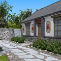 Traditional Chinese Garden Landscape With Gray Tiled Roofs White Walls And Stone Courtyard