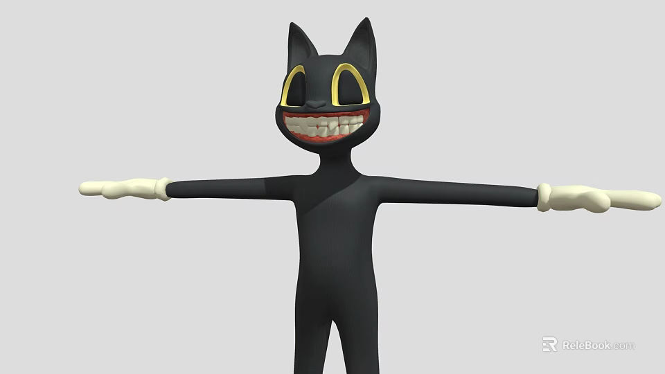 Black Animated Game Character With Cat Ears Yellow Eyes Grinning Teeth And White Gloves 3d model 