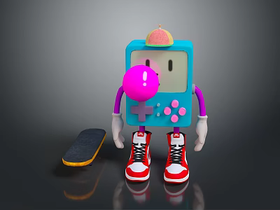 Playful Electronic Device with Blue Body Pink Joystick Buttons White Gloves Red White Sneakers Skateboard 3d model