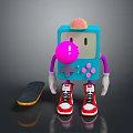 Playful Electronic Device with Blue Body Pink Joystick Buttons White Gloves Red White Sneakers Skateboard
