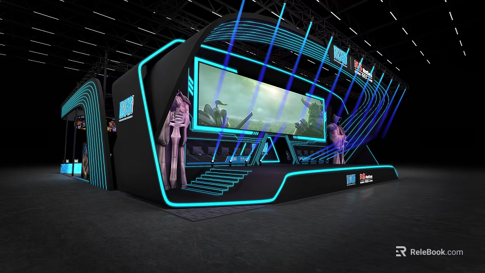 Modern High Tech Exhibition Booth With Blue Lighting And Large Screen 3d model