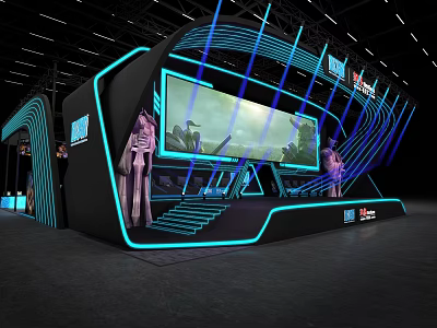 Modern High Tech Exhibition Booth With Blue Lighting And Large Screen 3d model