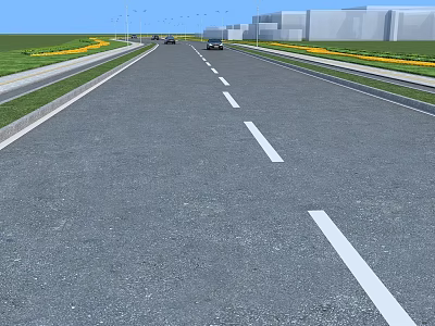 Urban Municipal Road With Lanes White Dividing Lines Green Belts Street Lamps And Distant Vehicles 3d model
