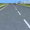 Urban Municipal Road With Lanes White Dividing Lines Green Belts Street Lamps And Distant Vehicles