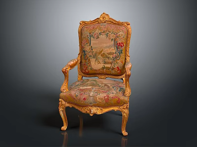 Ornate Classic Armchair With Intricate Gold Carvings Floral Upholstery And Curved Legs 3d model