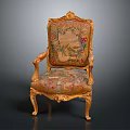 Ornate Classic Armchair With Intricate Gold Carvings Floral Upholstery And Curved Legs