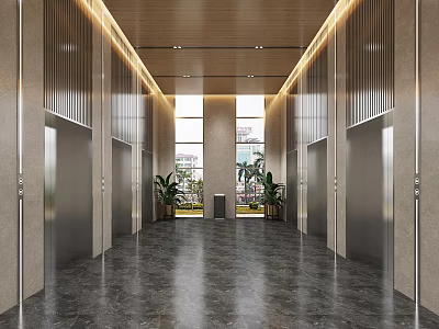 Modern Elevator Lobby Interior With Wooden Ceiling Marble Floor And Plants 3d model