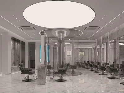 Modern Hair Salon Interior With Round Ceiling Light Marble Floors Salon Chairs And Mirrors 3d model