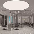 Modern Hair Salon Interior With Round Ceiling Light Marble Floors Salon Chairs And Mirrors