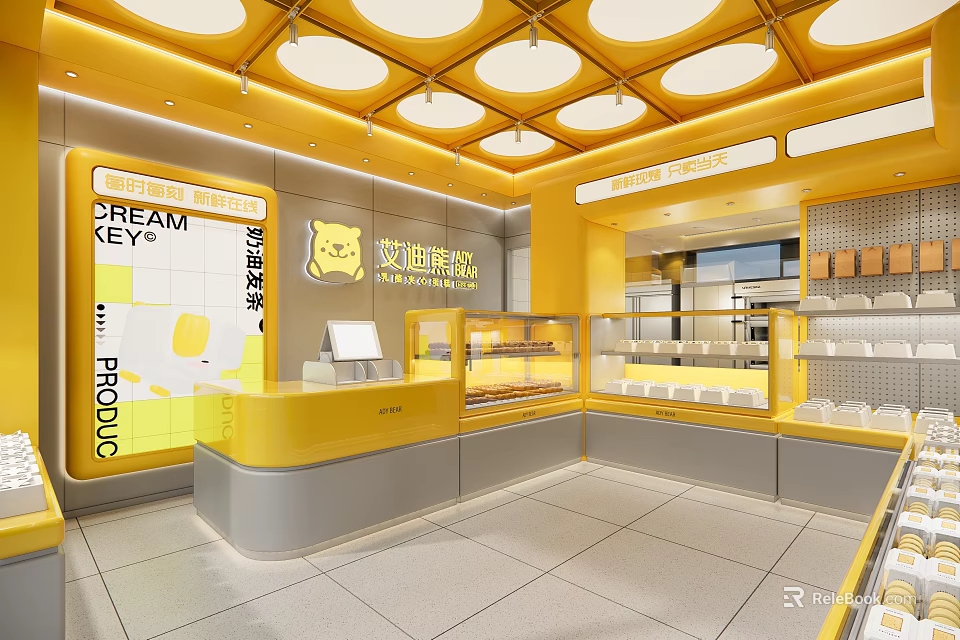 Dream Cream Dessert Shop With Yellow Themed Interior Round Ceiling Lights And Display Cases 3d model 