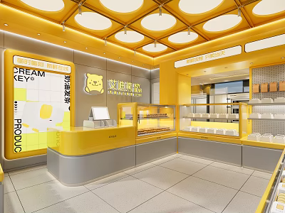 Dream Cream Dessert Shop With Yellow Themed Interior Round Ceiling Lights And Display Cases 3d model