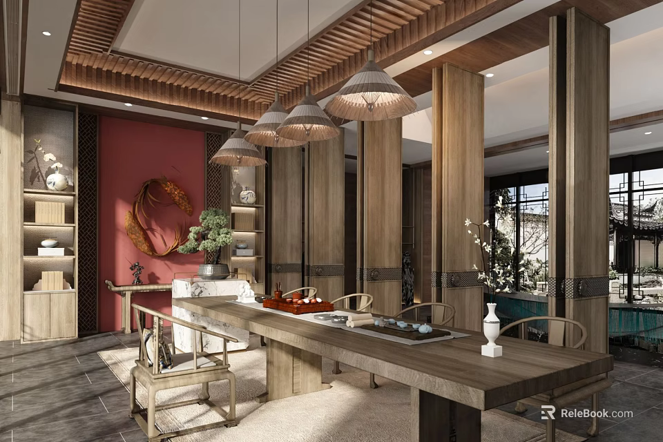 Traditional Chinese Teahouse Interior With Wooden Furniture Tea Sets And Hanging Lamps 3d model 
