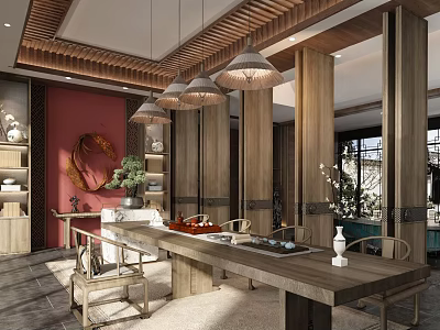 Traditional Chinese Teahouse Interior With Wooden Furniture Tea Sets And Hanging Lamps 3d model