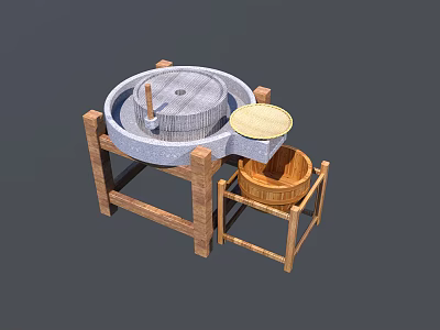Garden Ornament Traditional Stone Mill With Wooden Frame And Bamboo Basket For Outdoor Garden Decor 3d model